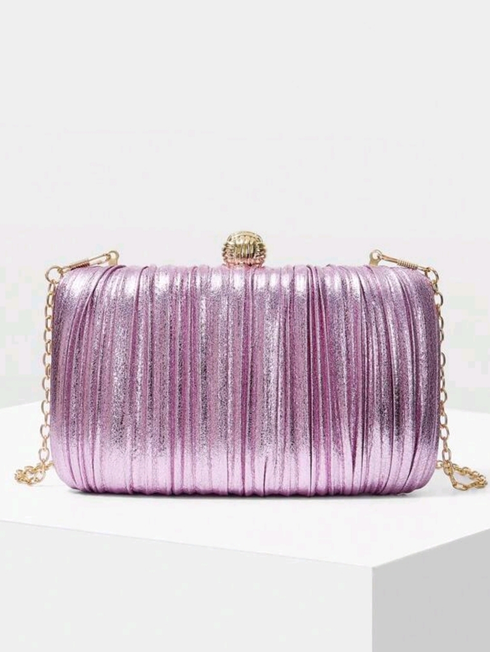 Metallic Lilac/pink Pleated Evening Clutch with Chain Strap